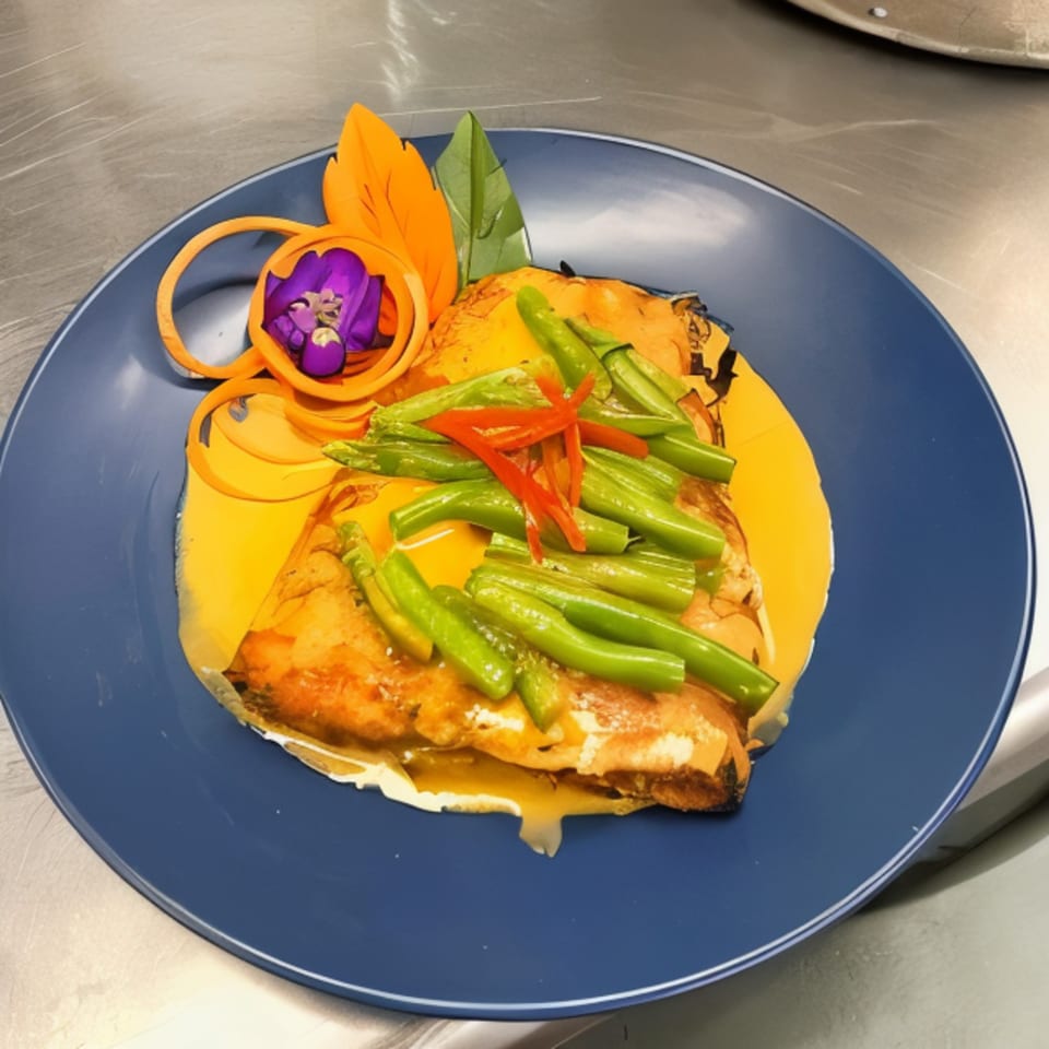Grata Thai Cuisine's salmon dish with yellow sauce, green beans, red peppers, and carrot garnish.