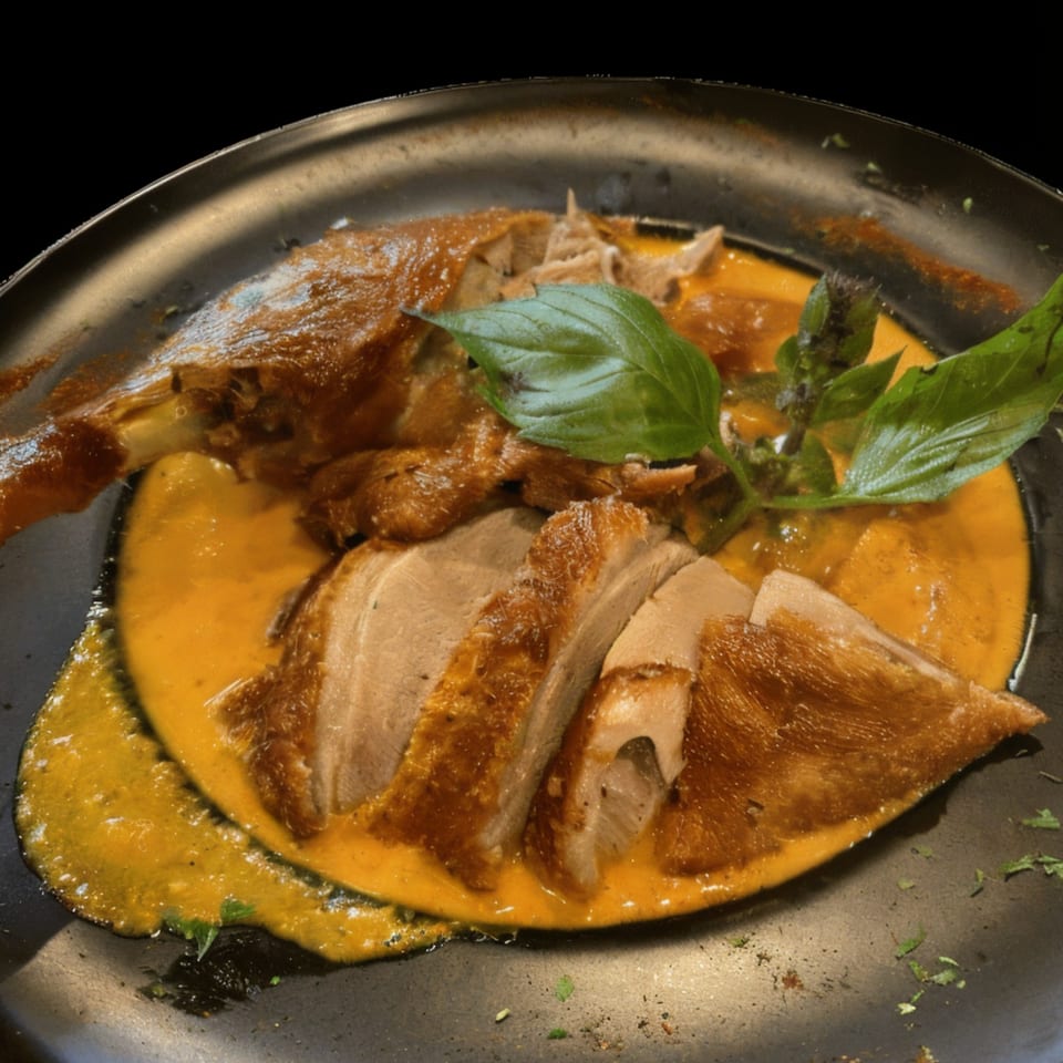 Grata Thai Cuisine's roasted duck in red curry sauce, garnished with basil leaves on a dark plate.